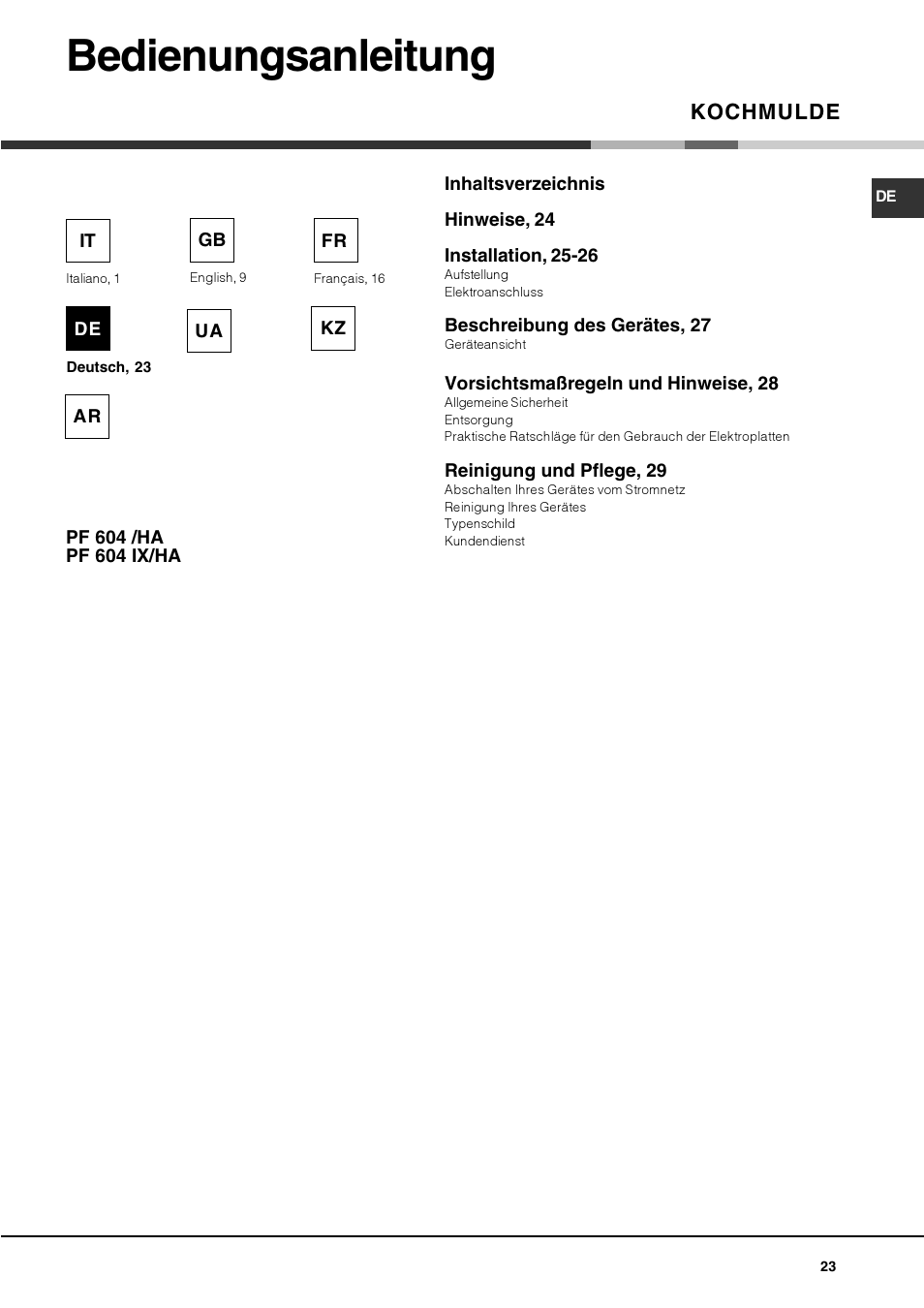 Bedienungsanleitung, Kochmulde | Hotpoint Ariston PF 604 (WH)-HA User Manual | Page 23 / 52