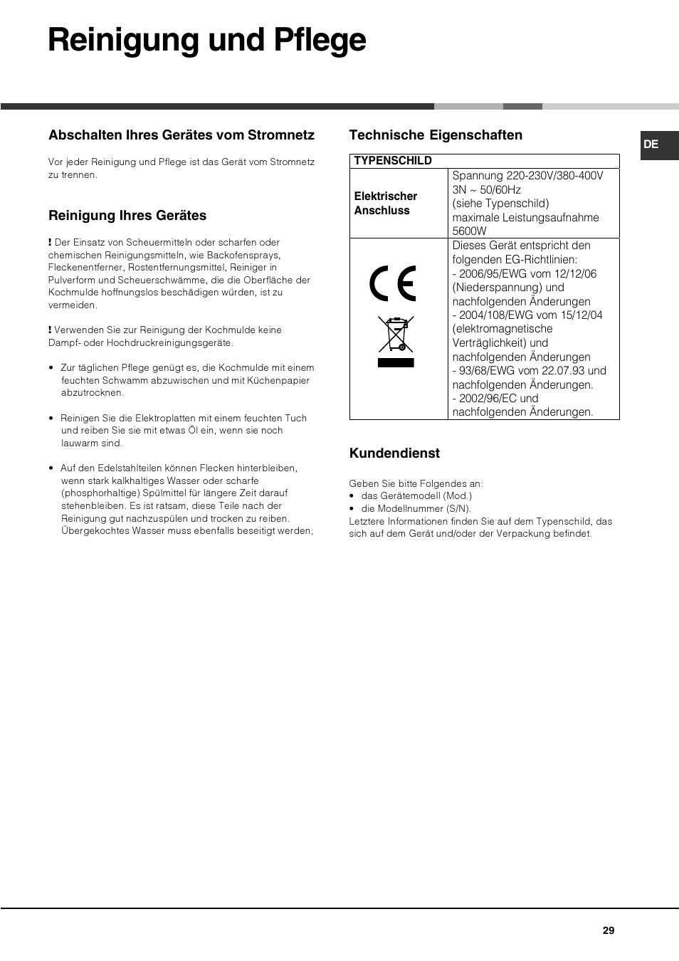 Reinigung und pflege | Hotpoint Ariston PF 604 (WH)-HA User Manual | Page 29 / 52