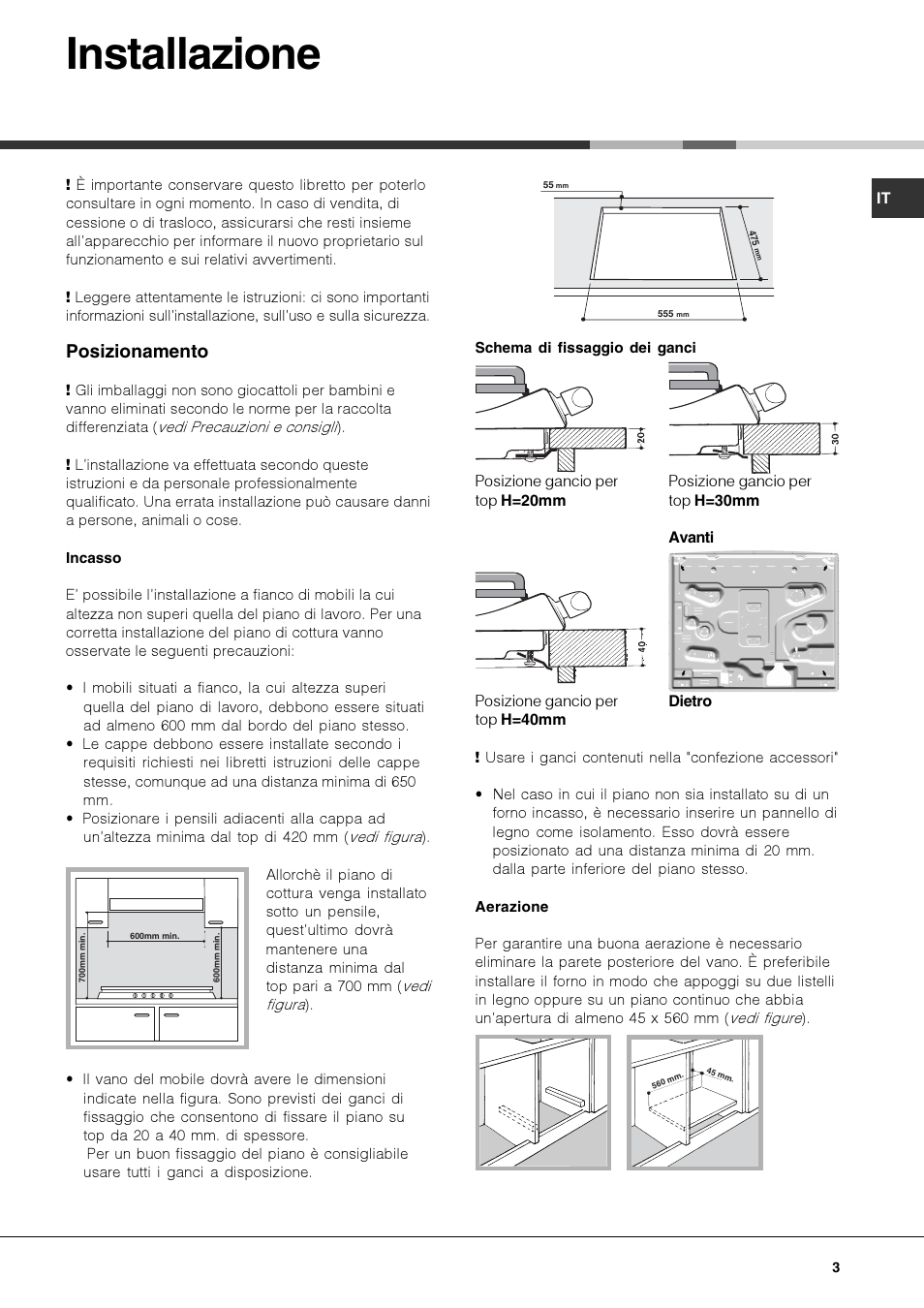 Installazione, Posizionamento | Hotpoint Ariston PF 604 (WH)-HA User Manual | Page 3 / 52