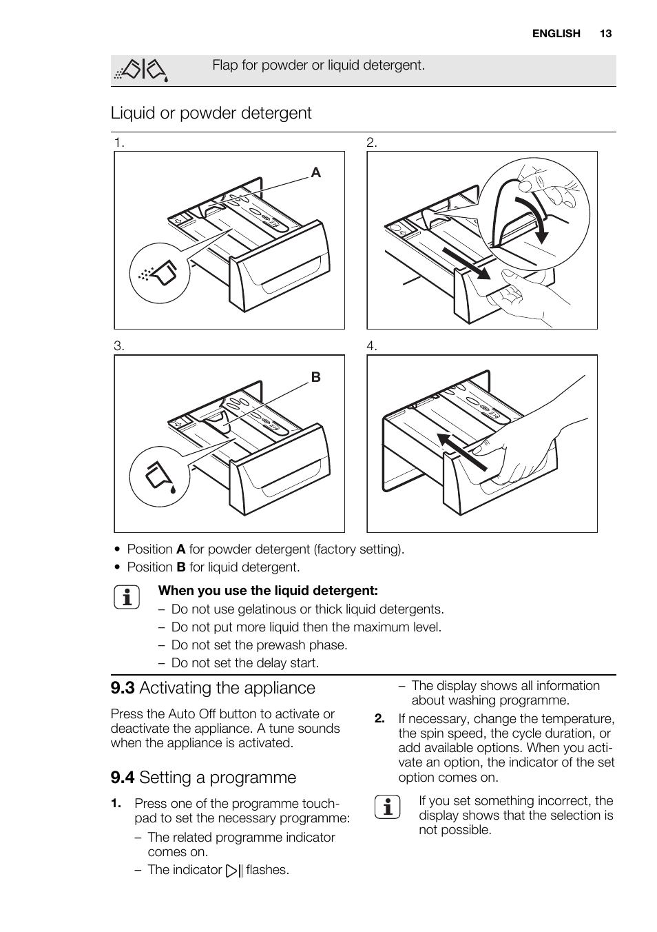 Liquid or powder detergent, 3 activating the appliance, 4 setting a programme | Electrolux EWF1698HEW User Manual | Page 13 / 72