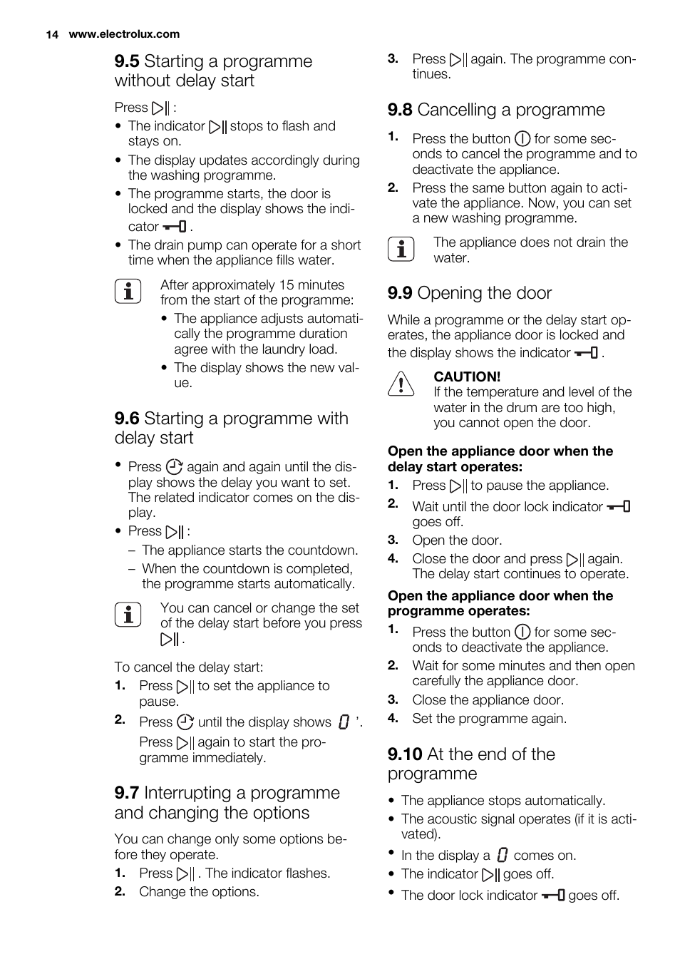 5 starting a programme without delay start, 6 starting a programme with delay start, 8 cancelling a programme | 9 opening the door, 10 at the end of the programme | Electrolux EWF1698HEW User Manual | Page 14 / 72