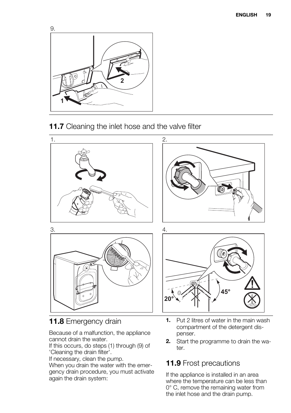 7 cleaning the inlet hose and the valve filter, 8 emergency drain, 9 frost precautions | Electrolux EWF1698HEW User Manual | Page 19 / 72