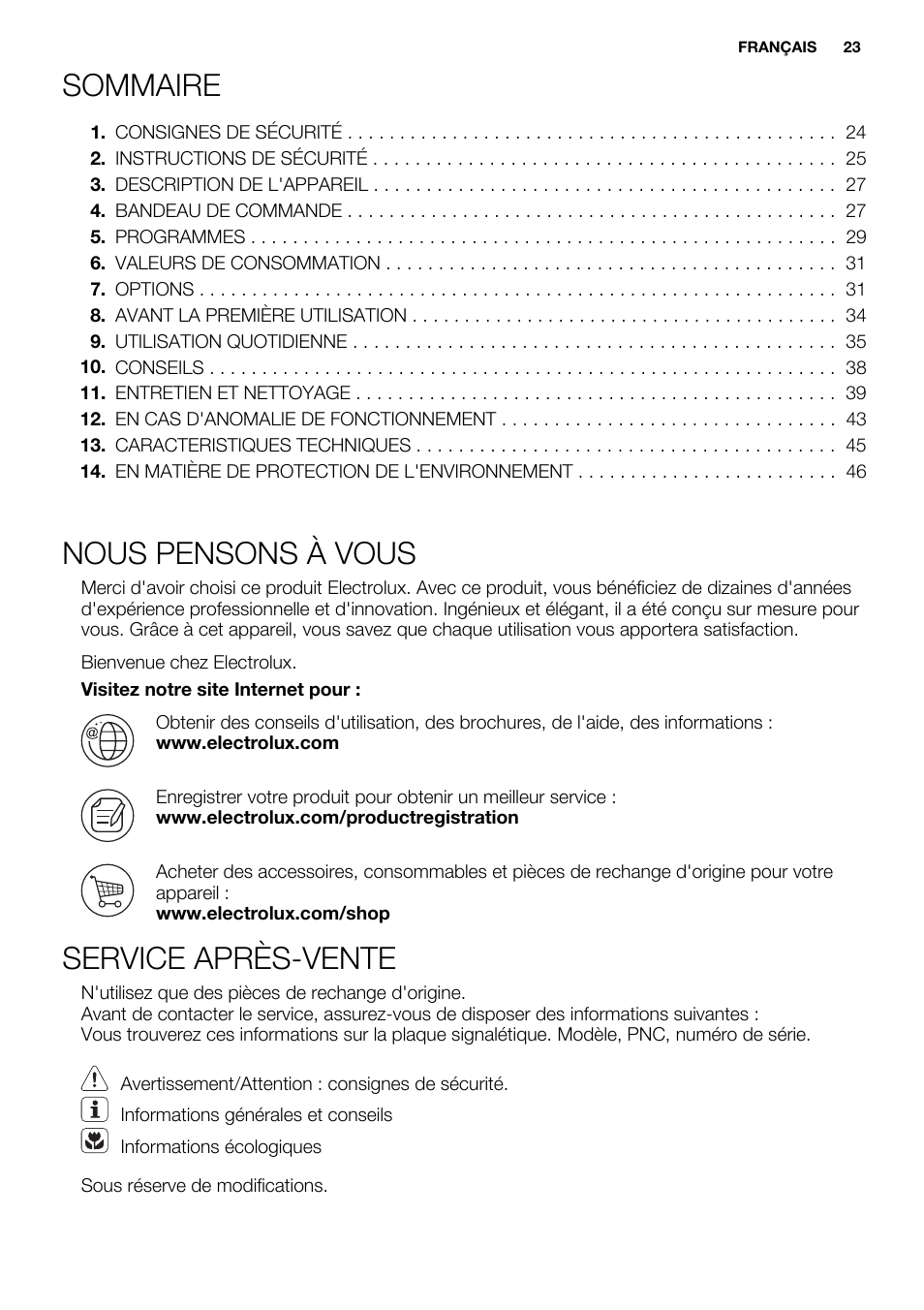 Sommaire, Nous pensons à vous, Service après-vente | Electrolux EWF1698HEW User Manual | Page 23 / 72