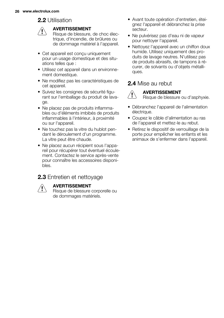 2 utilisation, 3 entretien et nettoyage, 4 mise au rebut | Electrolux EWF1698HEW User Manual | Page 26 / 72