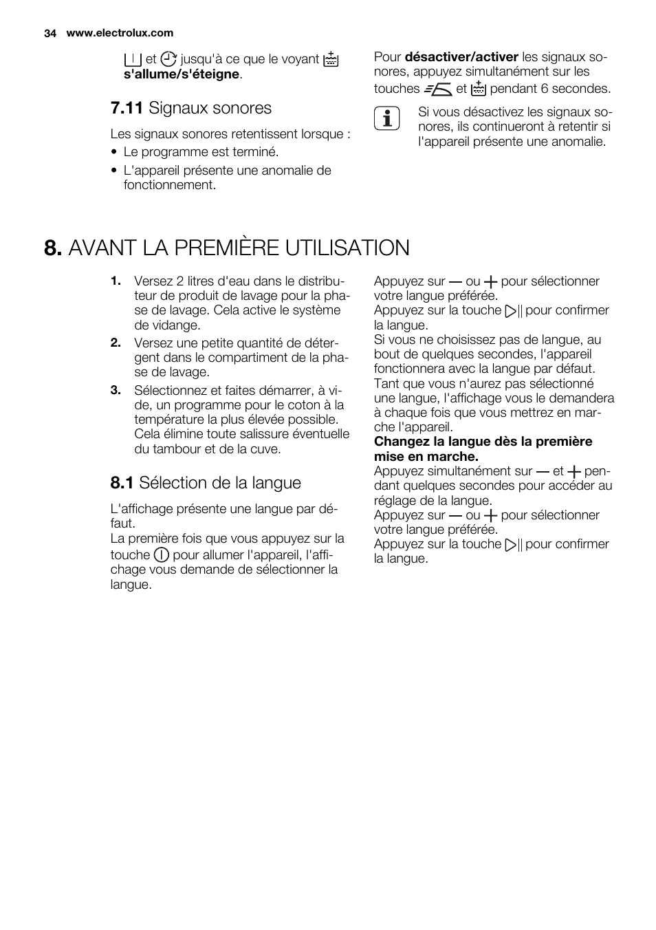 Avant la première utilisation, 11 signaux sonores, 1 sélection de la langue | Electrolux EWF1698HEW User Manual | Page 34 / 72