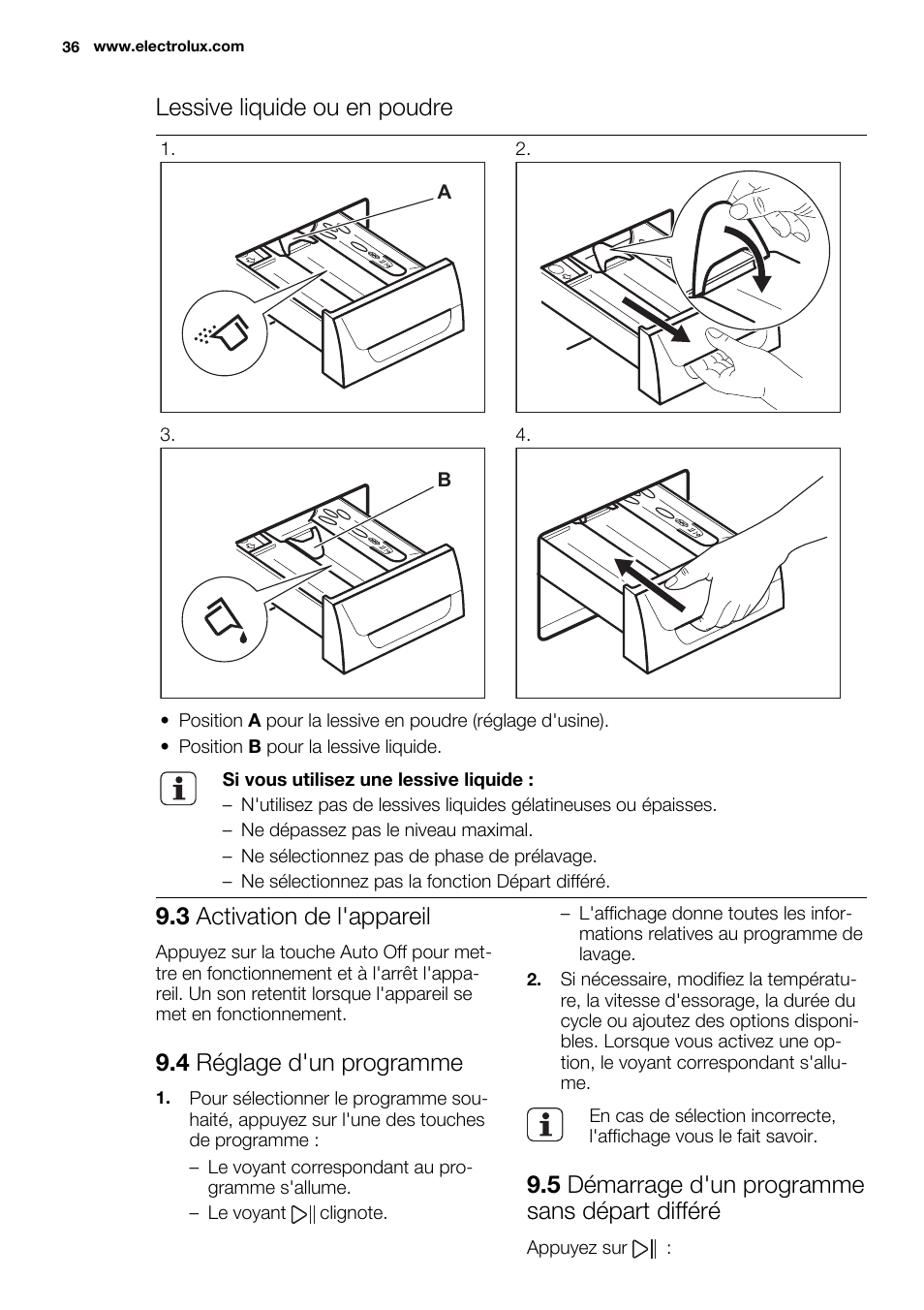 Lessive liquide ou en poudre, 3 activation de l'appareil, 4 réglage d'un programme | 5 démarrage d'un programme sans départ différé | Electrolux EWF1698HEW User Manual | Page 36 / 72