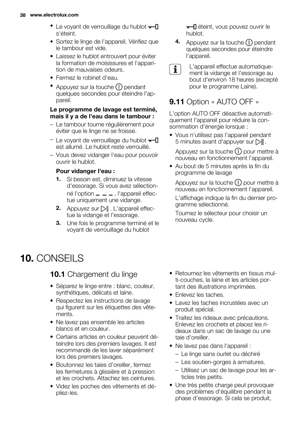 Conseils, 11 option « auto off, 1 chargement du linge | Electrolux EWF1698HEW User Manual | Page 38 / 72