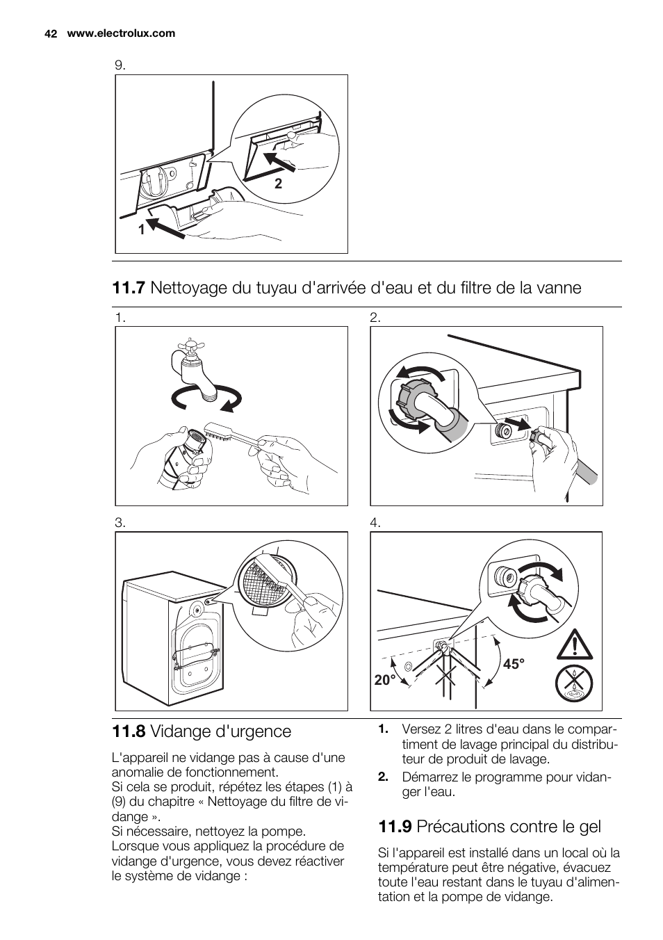 8 vidange d'urgence, 9 précautions contre le gel | Electrolux EWF1698HEW User Manual | Page 42 / 72