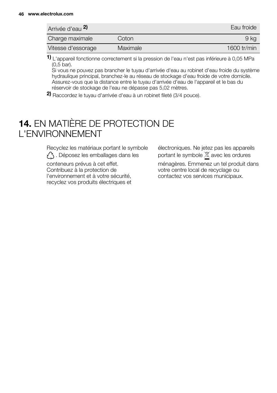 En matière de protection de l'environnement | Electrolux EWF1698HEW User Manual | Page 46 / 72