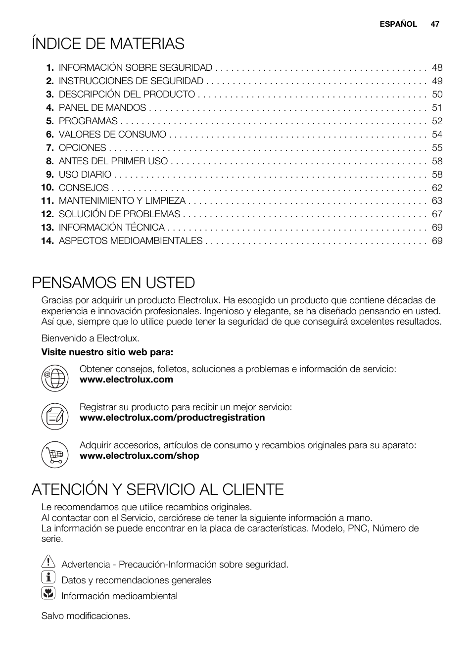 Índice de materias, Pensamos en usted, Atención y servicio al cliente | Electrolux EWF1698HEW User Manual | Page 47 / 72