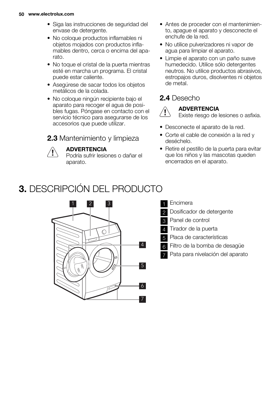 Descripción del producto, 3 mantenimiento y limpieza, 4 desecho | Electrolux EWF1698HEW User Manual | Page 50 / 72