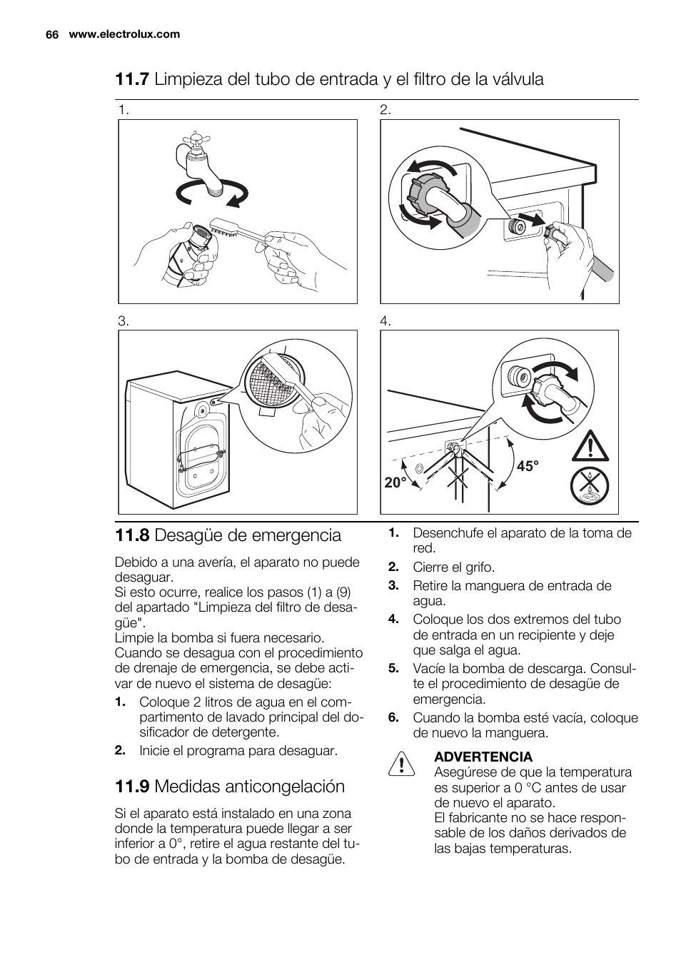 8 desagüe de emergencia, 9 medidas anticongelación | Electrolux EWF1698HEW User Manual | Page 66 / 72