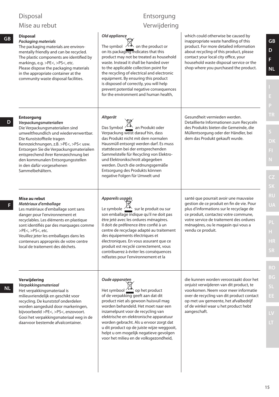 Disposal, Entsorgung, Mise au rebut | Verwijdering | Electrolux ESTM6200 User Manual | Page 15 / 96
