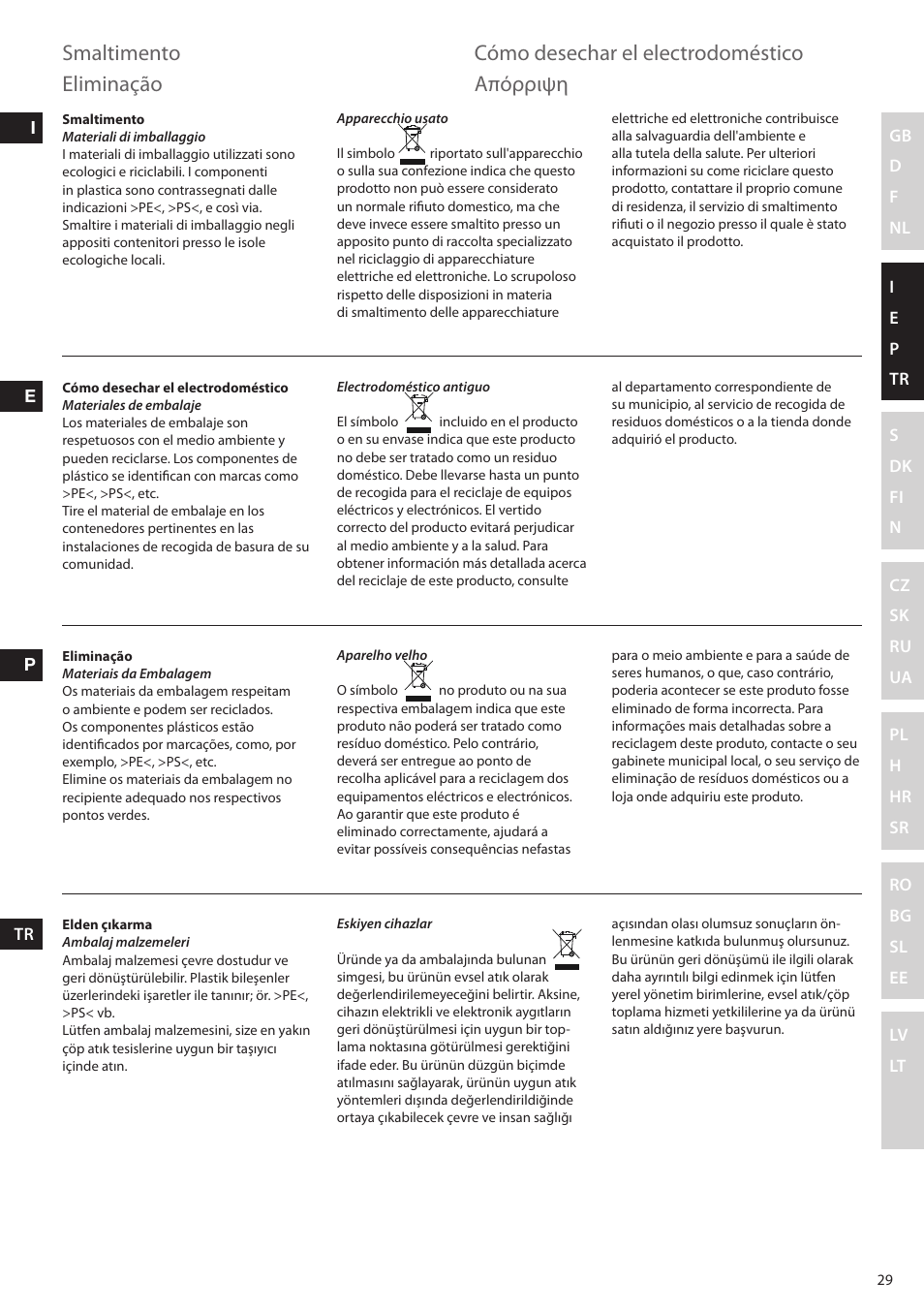 Smaltimento, Cómo desechar el electrodoméstico, Eliminação απόρριψη | Electrolux ESTM6200 User Manual | Page 29 / 96