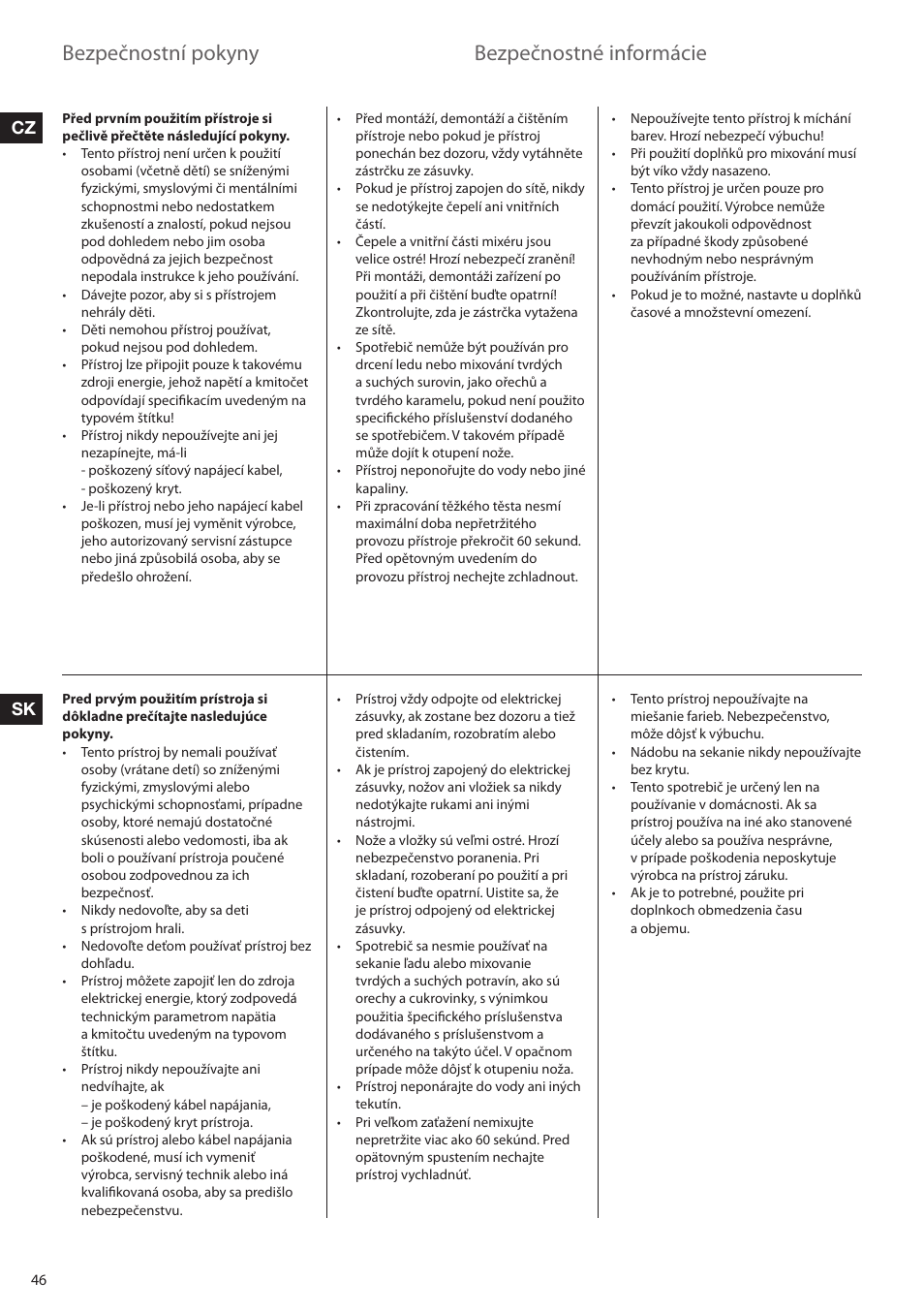 Bezpečnostní pokyny, Bezpečnostné informácie, Cz sk | Electrolux ESTM6200 User Manual | Page 46 / 96
