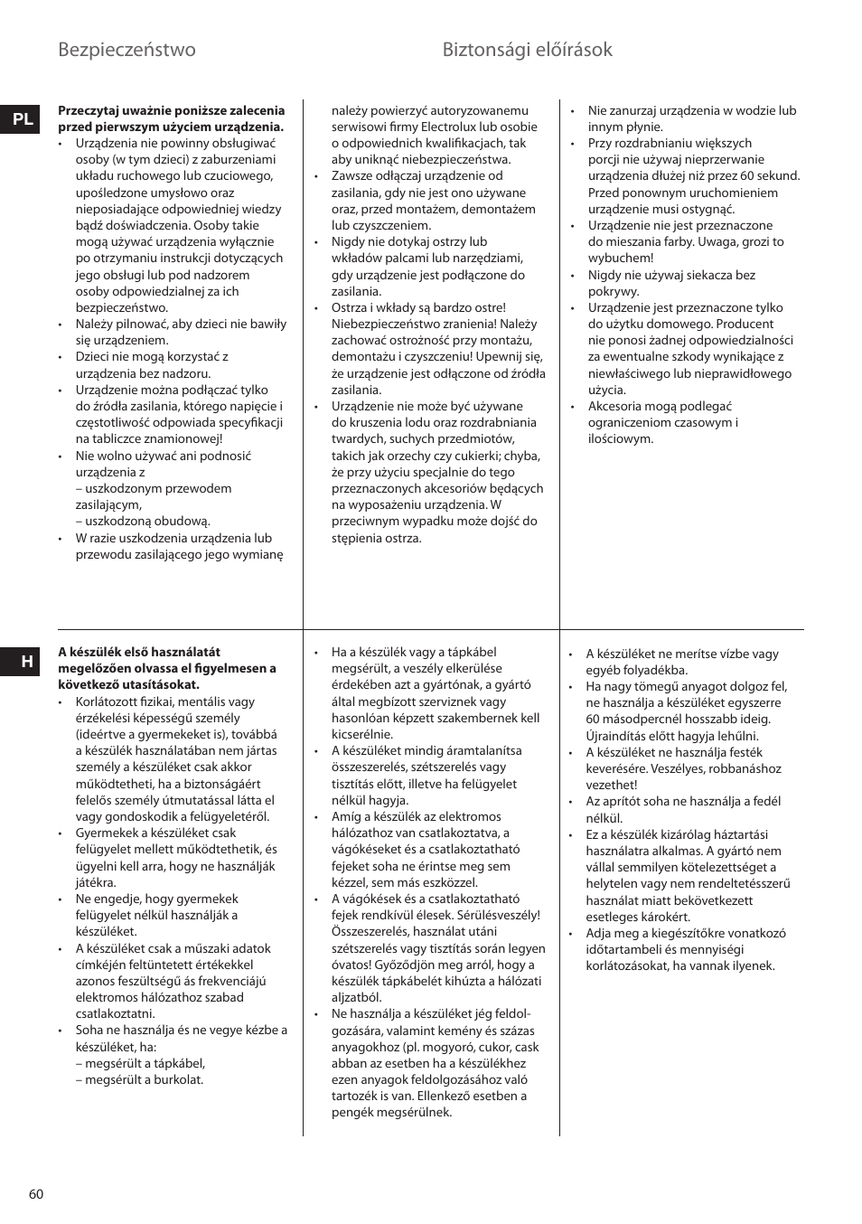 Bezpieczeństwo, Biztonsági előírások, Pl h | Electrolux ESTM6200 User Manual | Page 60 / 96