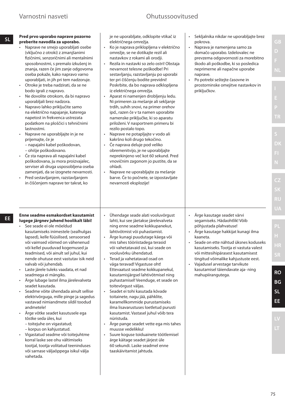 Varnostni nasveti, Ohutussoovitused | Electrolux ESTM6200 User Manual | Page 75 / 96