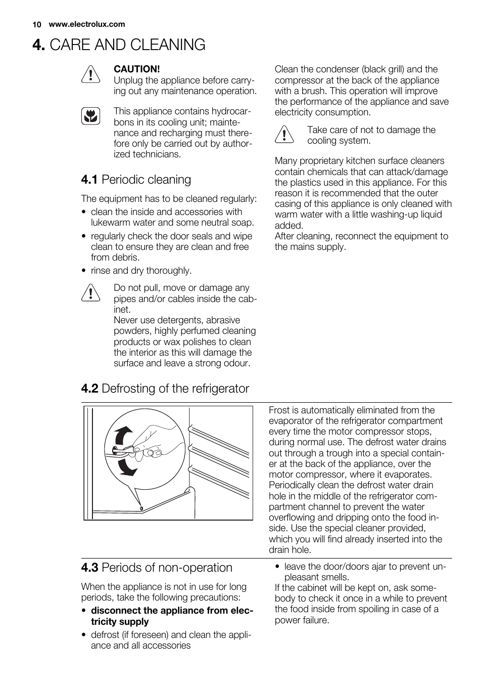 Care and cleaning, 1 periodic cleaning, 2 defrosting of the refrigerator | 3 periods of non-operation | Electrolux ERW3313AOX User Manual | Page 10 / 76