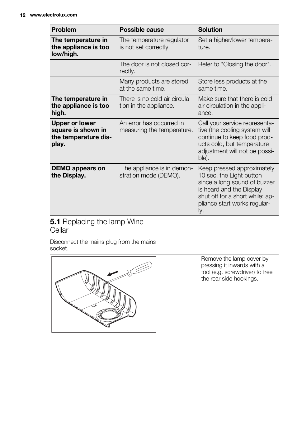 1 replacing the lamp wine cellar | Electrolux ERW3313AOX User Manual | Page 12 / 76