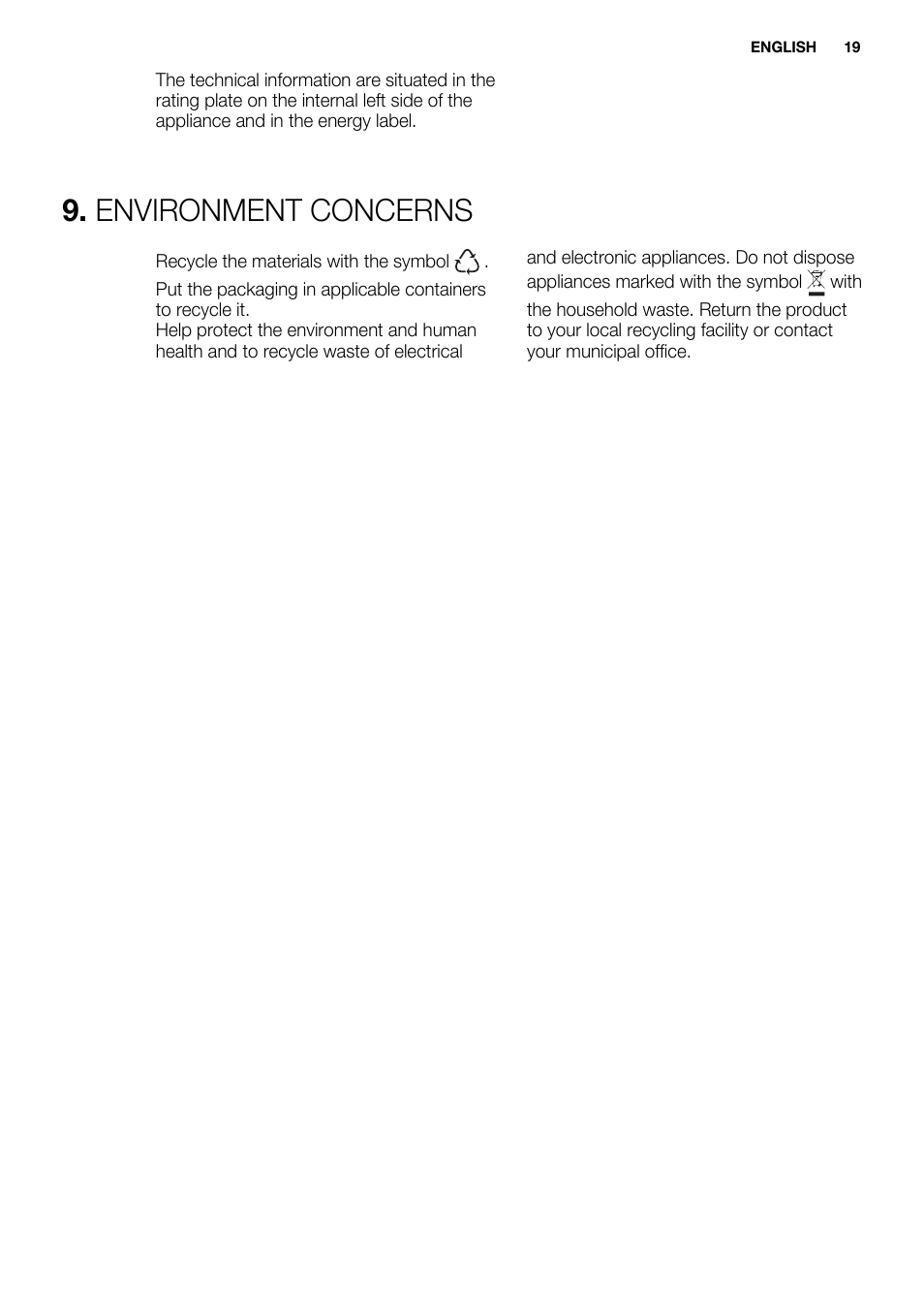 Environment concerns | Electrolux ERW3313AOX User Manual | Page 19 / 76