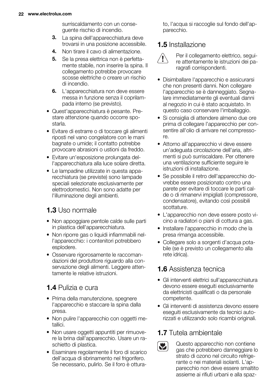 3 uso normale, 4 pulizia e cura, 5 installazione | 6 assistenza tecnica, 7 tutela ambientale | Electrolux ERW3313AOX User Manual | Page 22 / 76