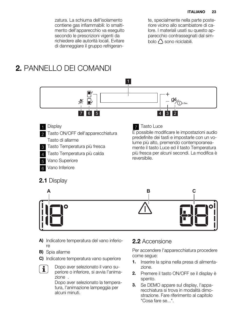 Pannello dei comandi, 1 display, 2 accensione | Electrolux ERW3313AOX User Manual | Page 23 / 76