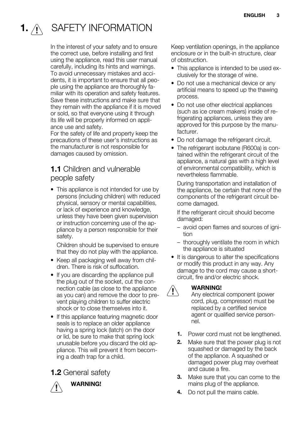 Safety information, 1 children and vulnerable people safety, 2 general safety | Electrolux ERW3313AOX User Manual | Page 3 / 76