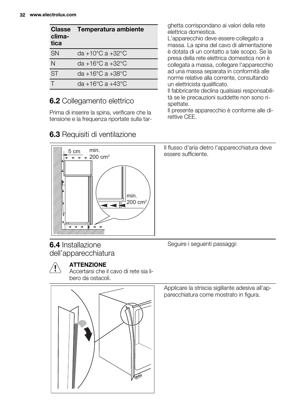 2 collegamento elettrico, 3 requisiti di ventilazione, 4 installazione dell’apparecchiatura | Electrolux ERW3313AOX User Manual | Page 32 / 76