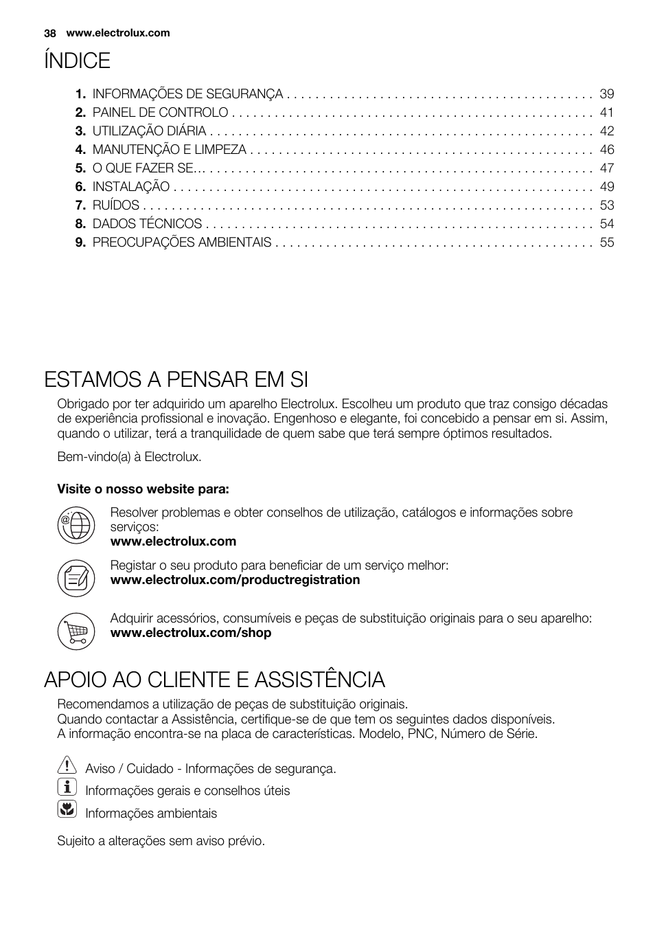 Índice, Estamos a pensar em si, Apoio ao cliente e assistência | Electrolux ERW3313AOX User Manual | Page 38 / 76