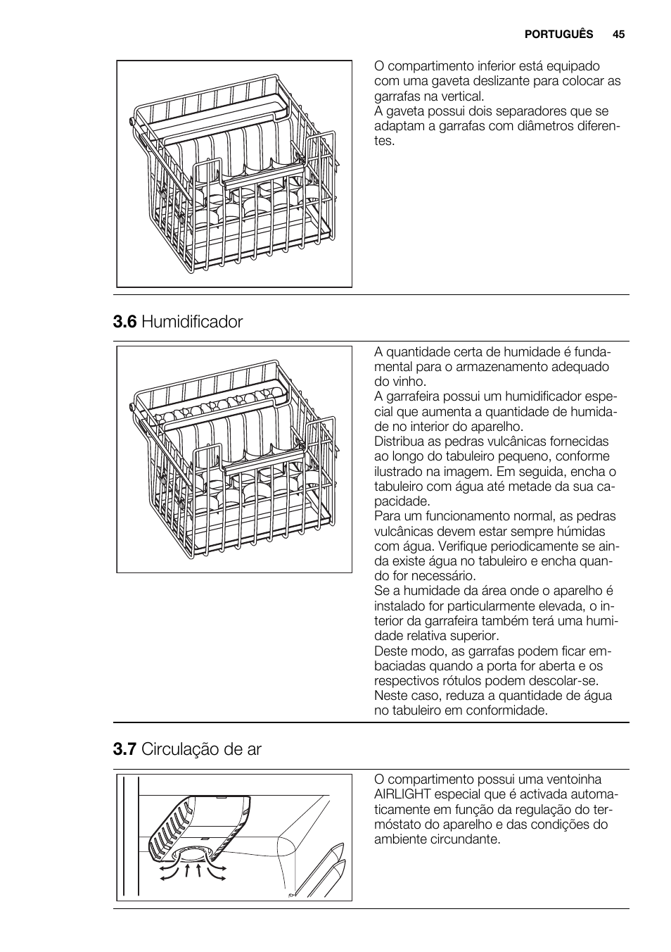 6 humidificador, 7 circulação de ar | Electrolux ERW3313AOX User Manual | Page 45 / 76