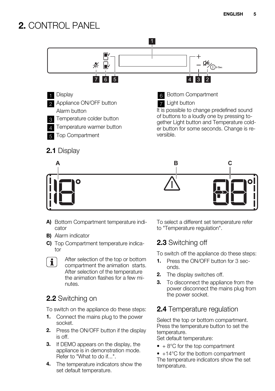 Control panel, 1 display, 2 switching on | 3 switching off, 4 temperature regulation | Electrolux ERW3313AOX User Manual | Page 5 / 76