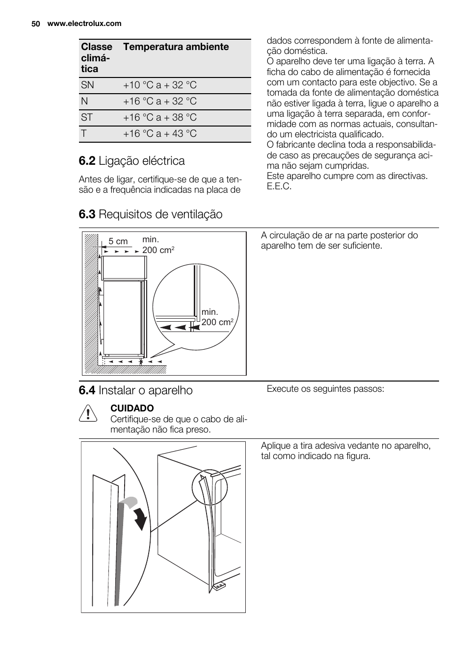2 ligação eléctrica, 3 requisitos de ventilação, 4 instalar o aparelho | Electrolux ERW3313AOX User Manual | Page 50 / 76
