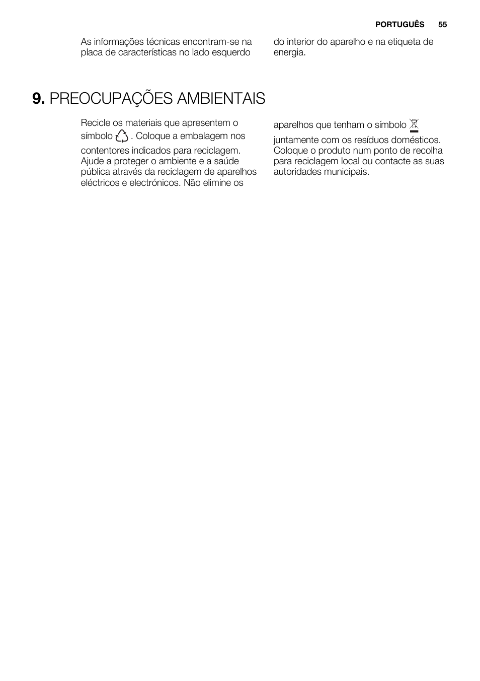 Preocupações ambientais | Electrolux ERW3313AOX User Manual | Page 55 / 76