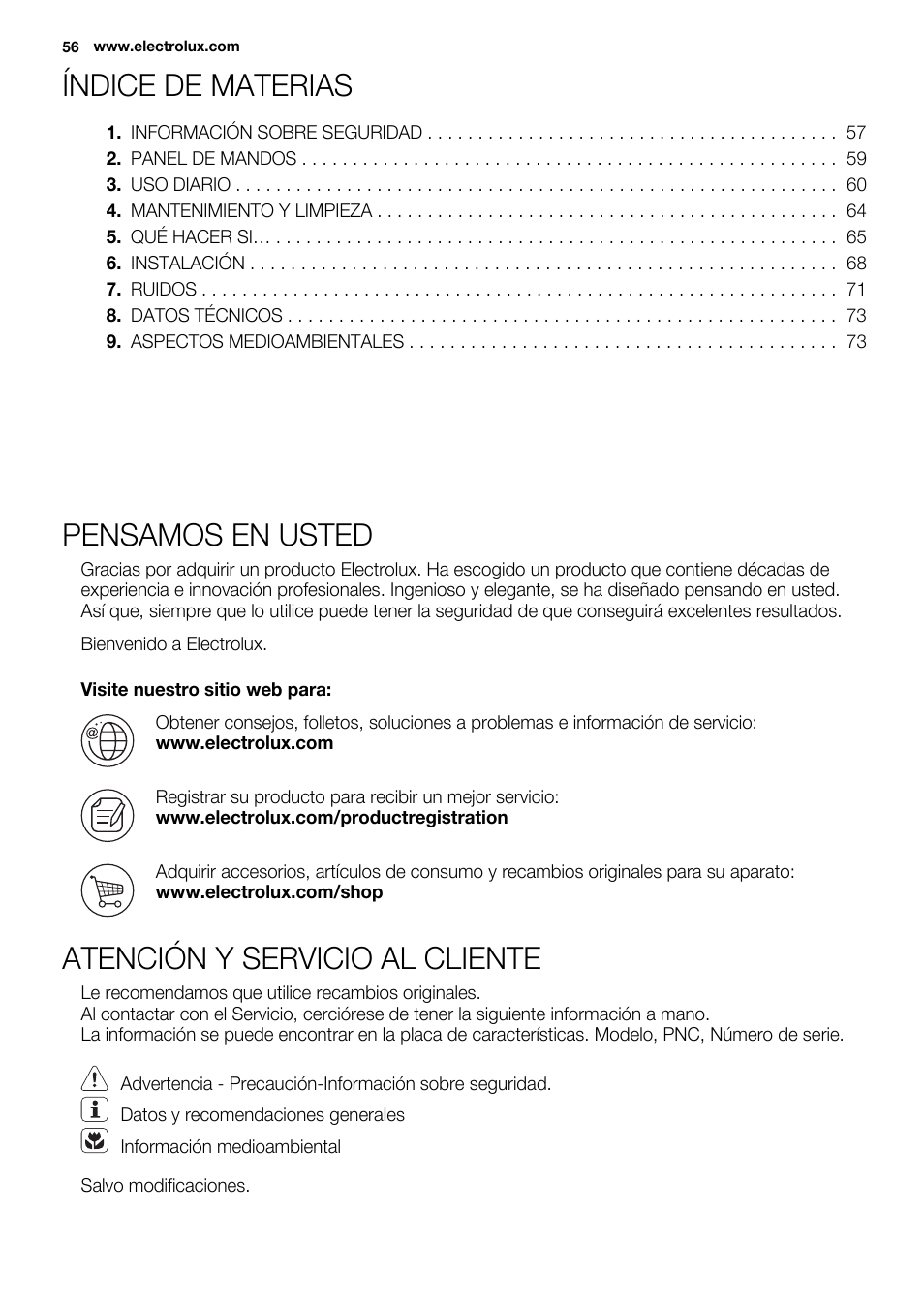 Índice de materias, Pensamos en usted, Atención y servicio al cliente | Electrolux ERW3313AOX User Manual | Page 56 / 76