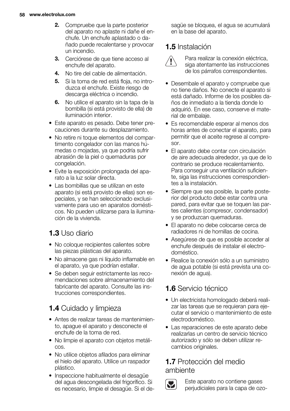 3 uso diario, 4 cuidado y limpieza, 5 instalación | 6 servicio técnico, 7 protección del medio ambiente | Electrolux ERW3313AOX User Manual | Page 58 / 76