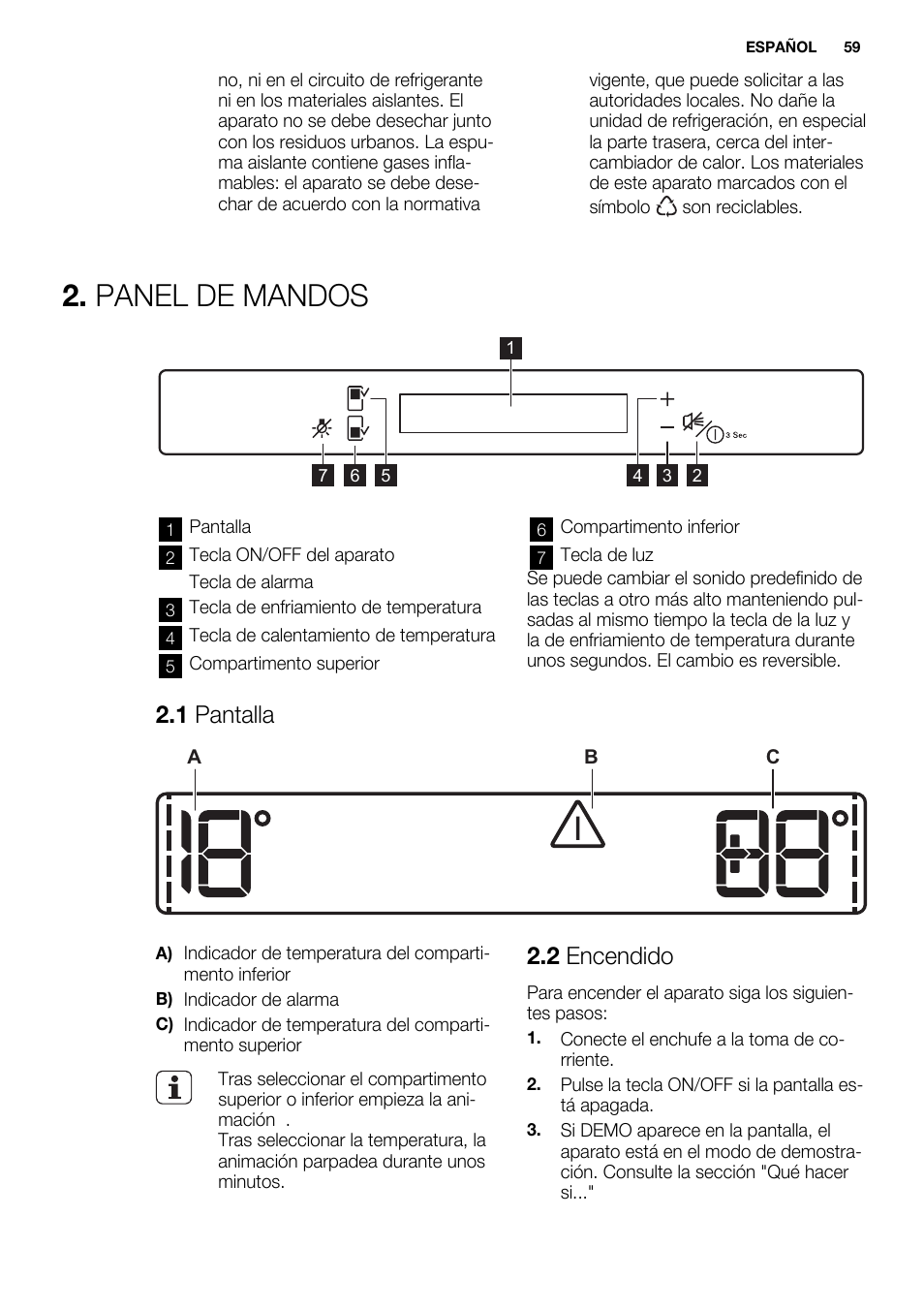 Panel de mandos, 1 pantalla, 2 encendido | Electrolux ERW3313AOX User Manual | Page 59 / 76