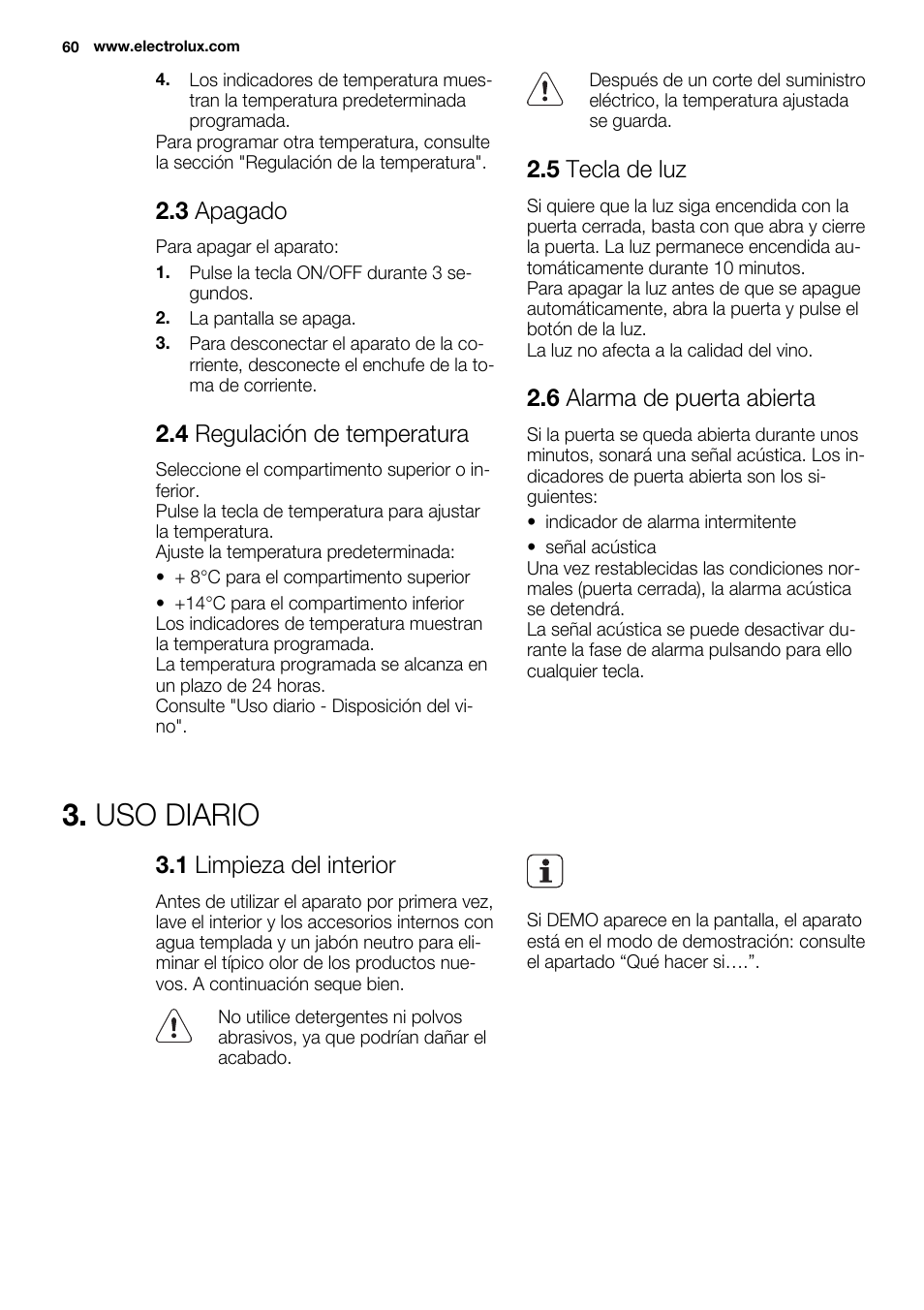 Uso diario, 3 apagado, 4 regulación de temperatura | 5 tecla de luz, 6 alarma de puerta abierta, 1 limpieza del interior | Electrolux ERW3313AOX User Manual | Page 60 / 76