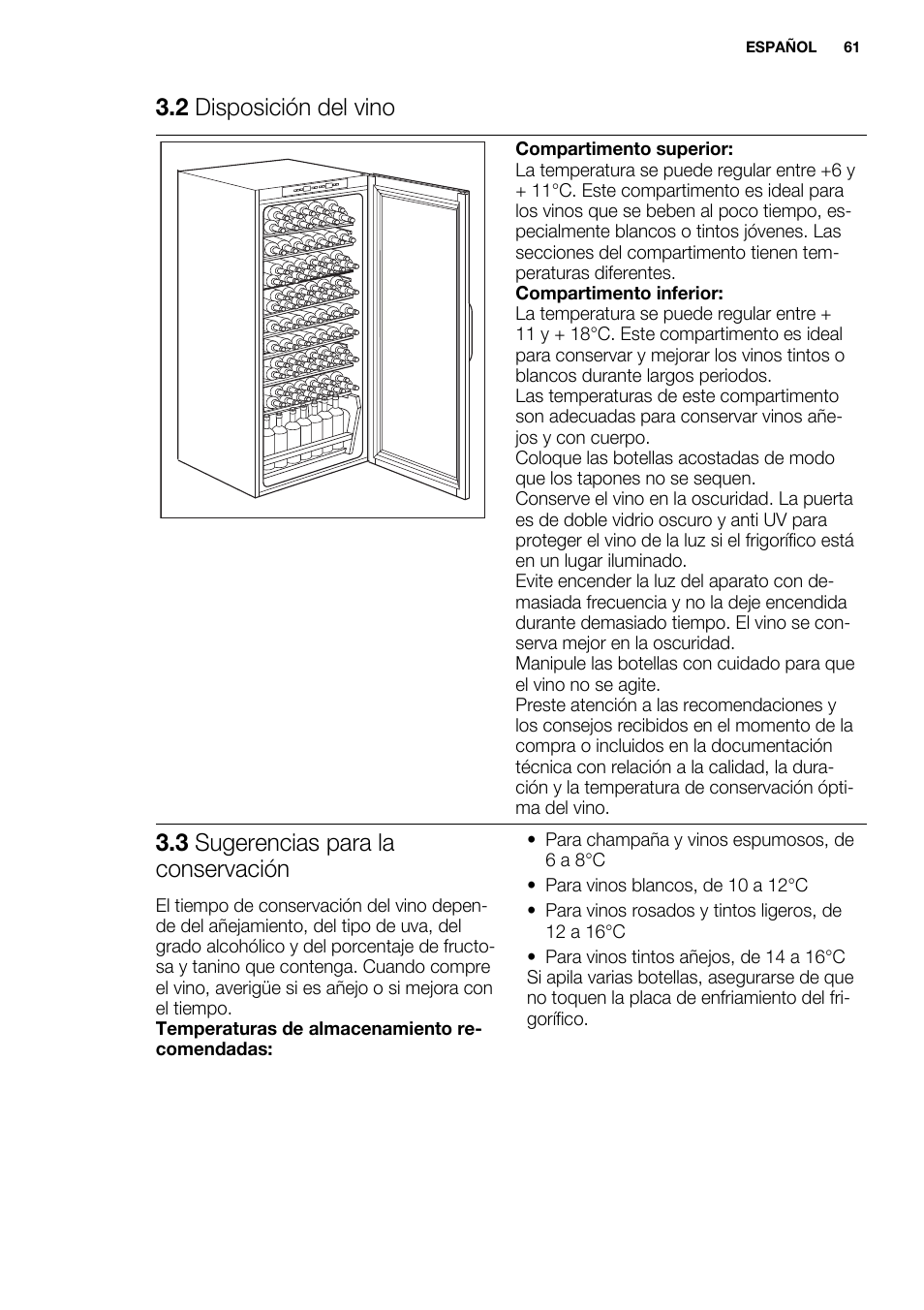 2 disposición del vino, 3 sugerencias para la conservación | Electrolux ERW3313AOX User Manual | Page 61 / 76