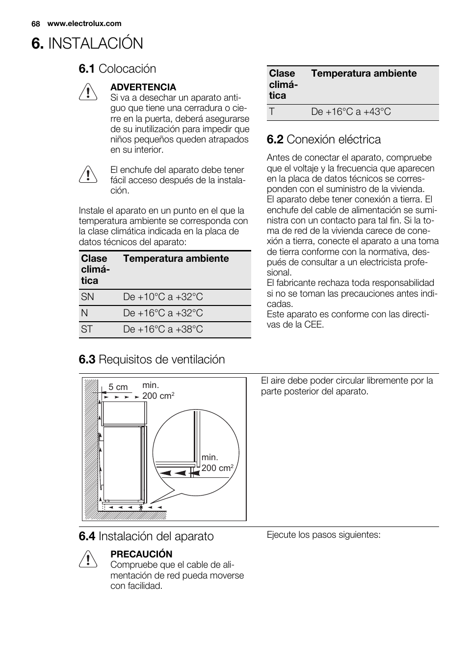 Instalación, 1 colocación, 2 conexión eléctrica | 3 requisitos de ventilación, 4 instalación del aparato | Electrolux ERW3313AOX User Manual | Page 68 / 76