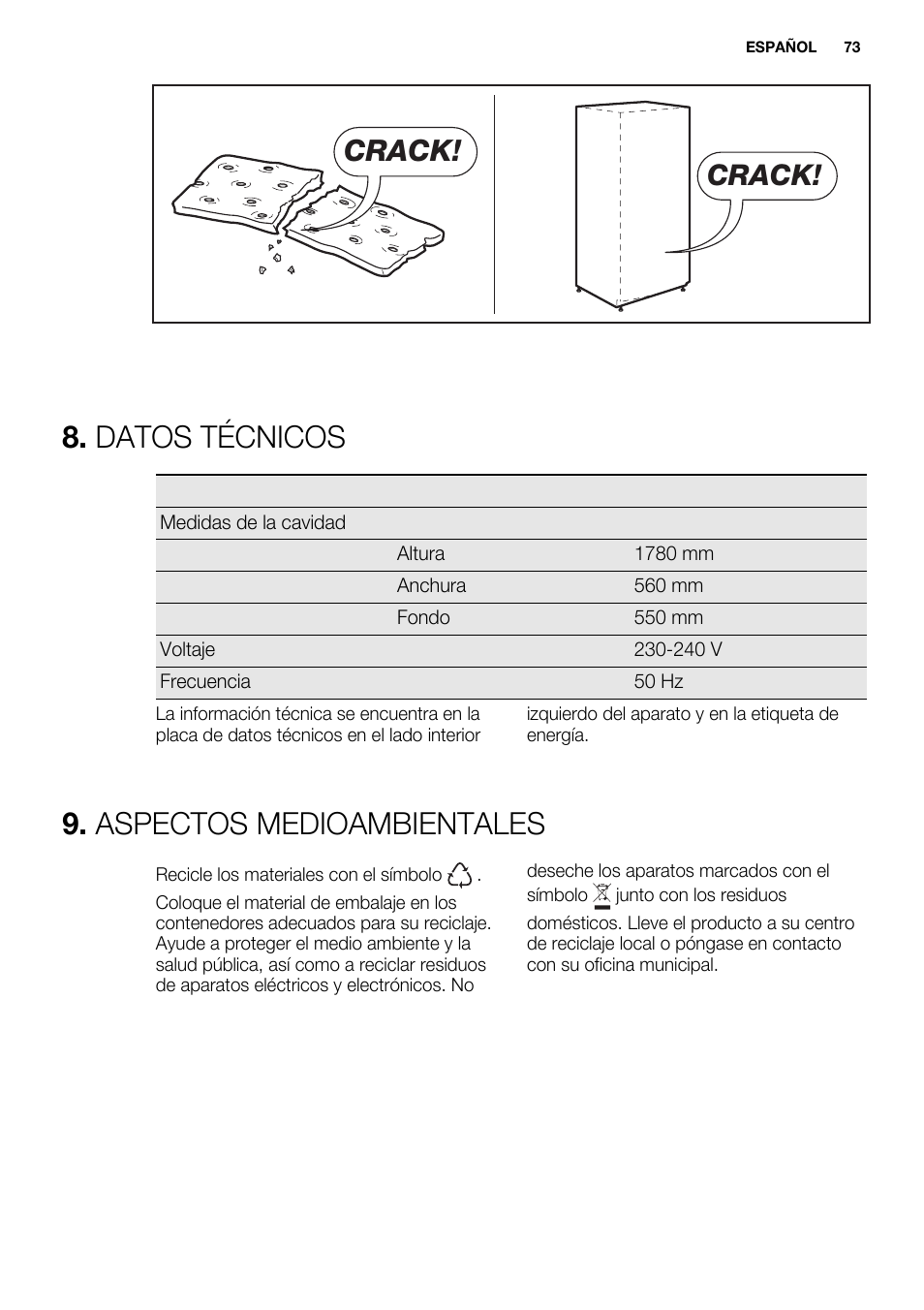 Datos técnicos, Aspectos medioambientales, Crack | Electrolux ERW3313AOX User Manual | Page 73 / 76
