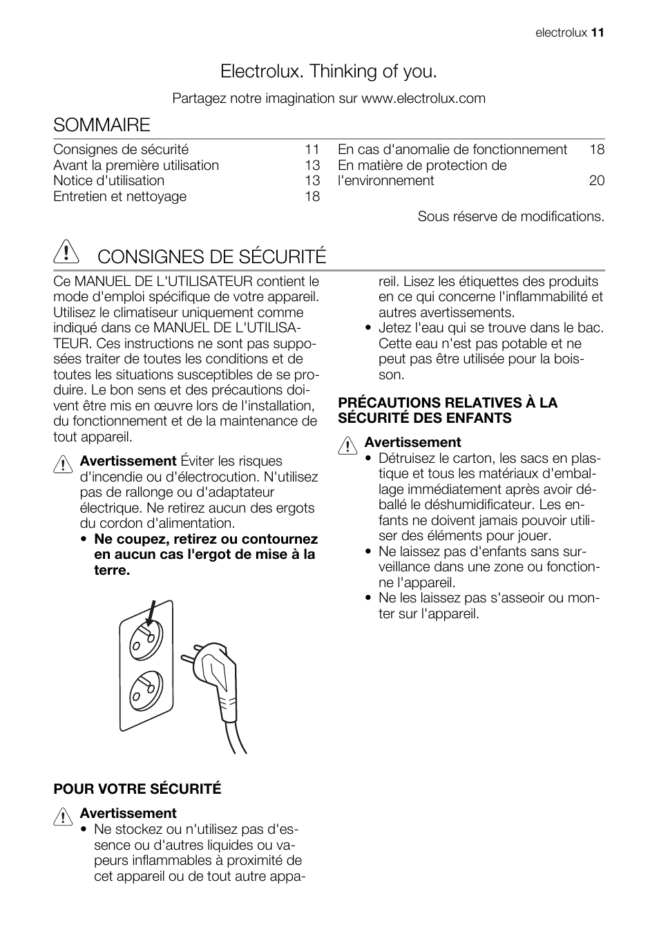 Electrolux. thinking of you, Sommaire, Consignes de sécurité | Electrolux EXD15DN3W User Manual | Page 11 / 80