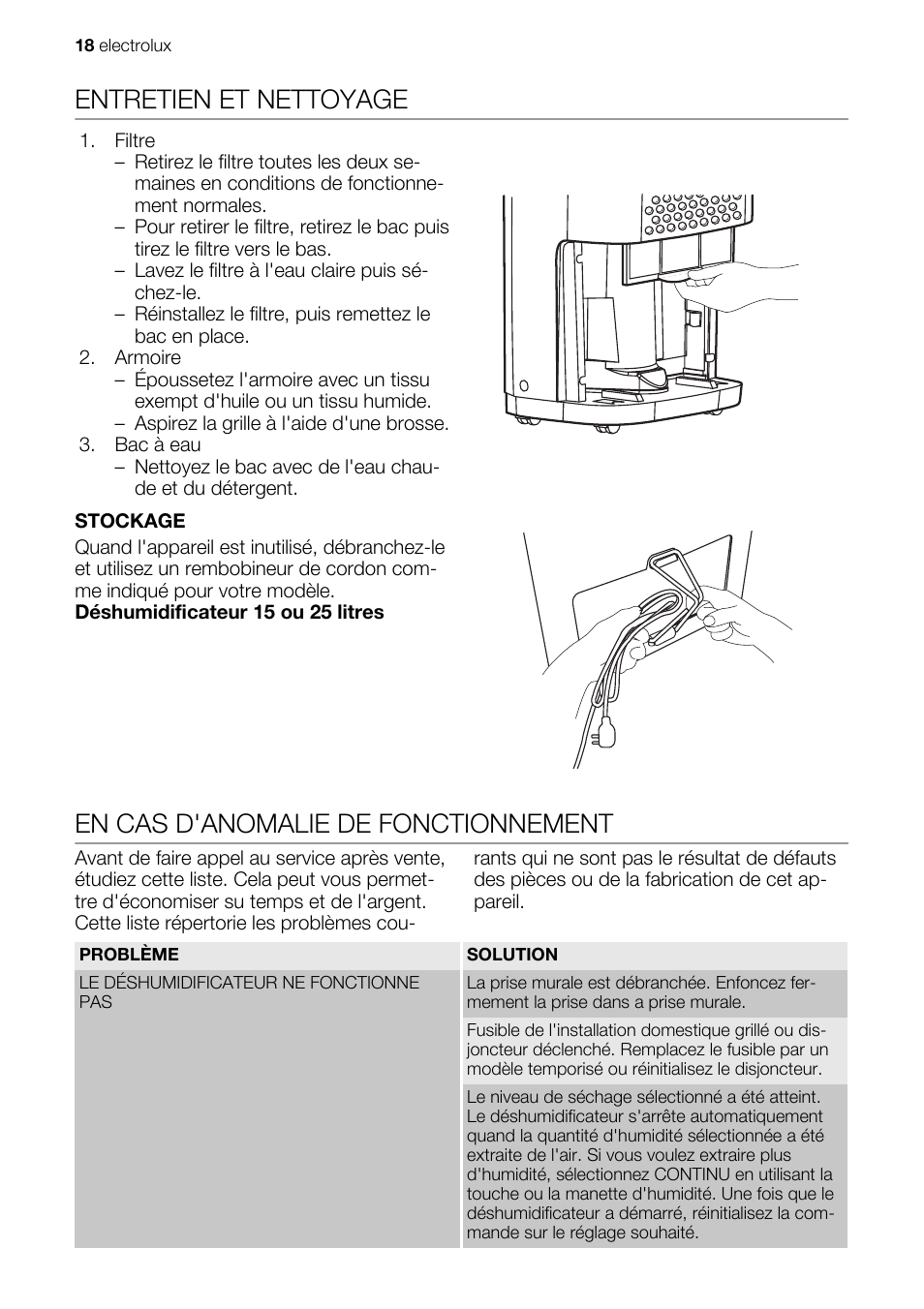 Entretien et nettoyage, En cas d'anomalie de fonctionnement | Electrolux EXD15DN3W User Manual | Page 18 / 80