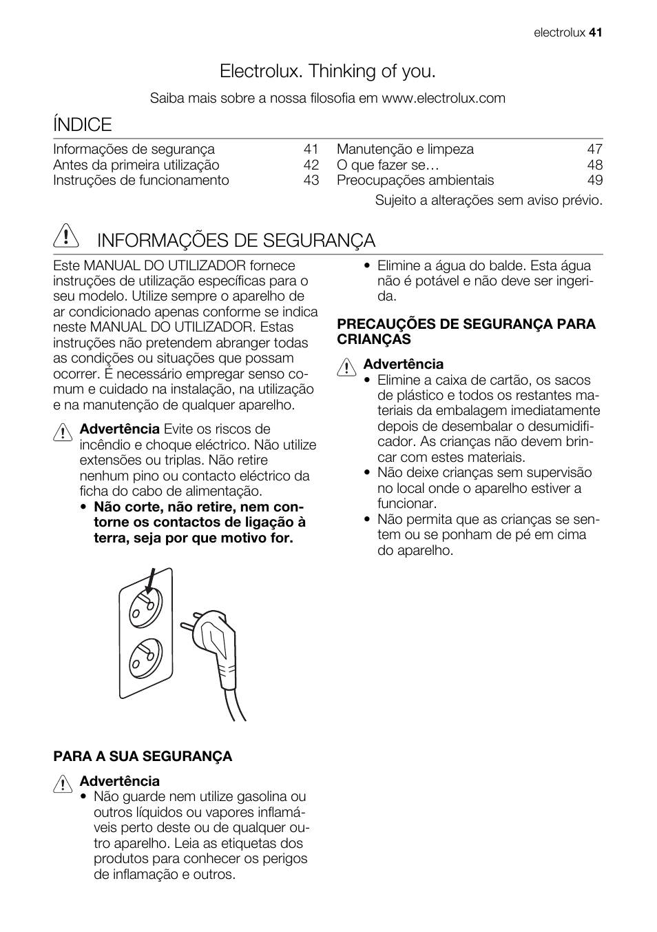 Electrolux. thinking of you, Índice, Informações de segurança | Electrolux EXD15DN3W User Manual | Page 41 / 80