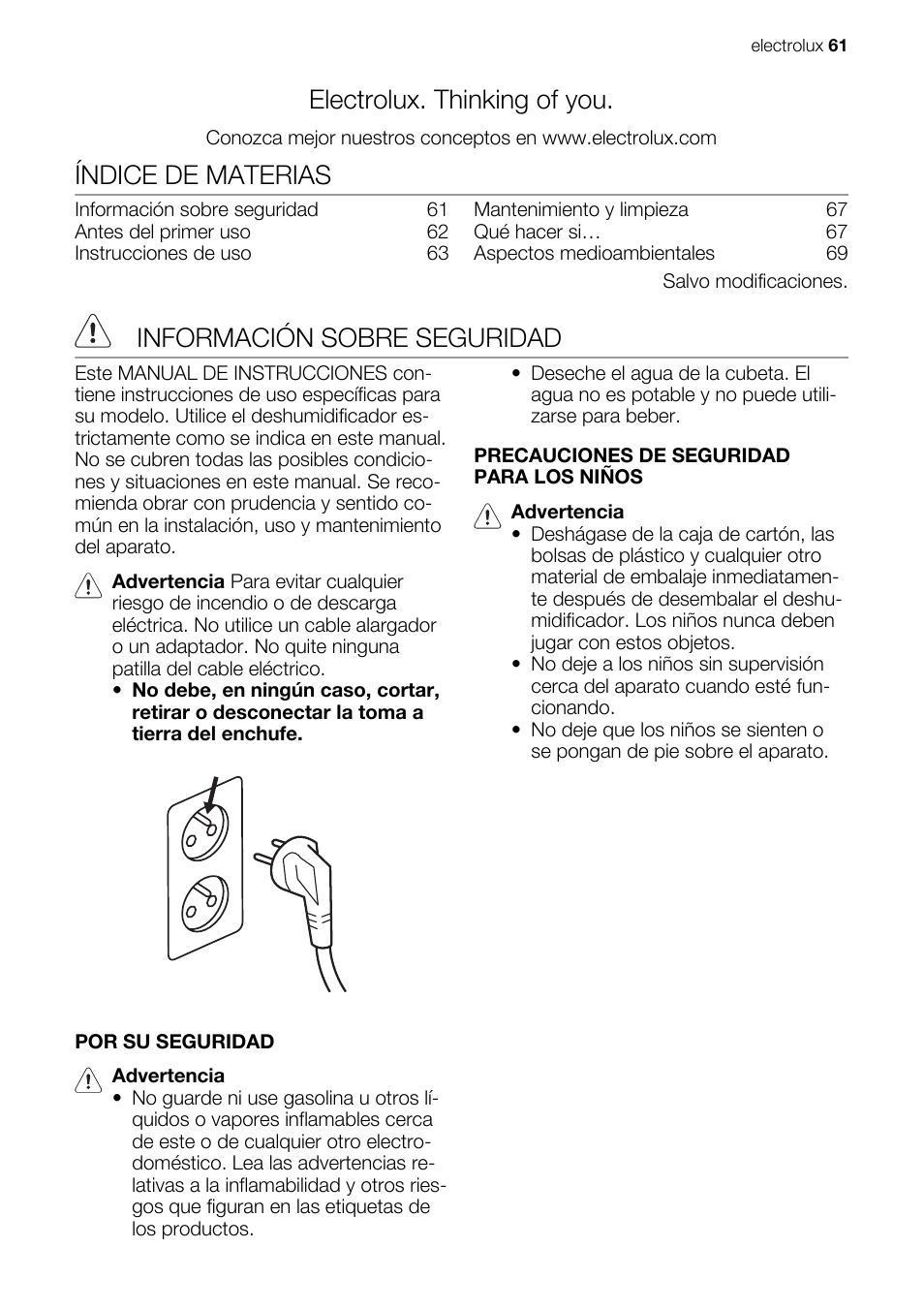 Electrolux. thinking of you, Índice de materias, Información sobre seguridad | Electrolux EXD15DN3W User Manual | Page 61 / 80