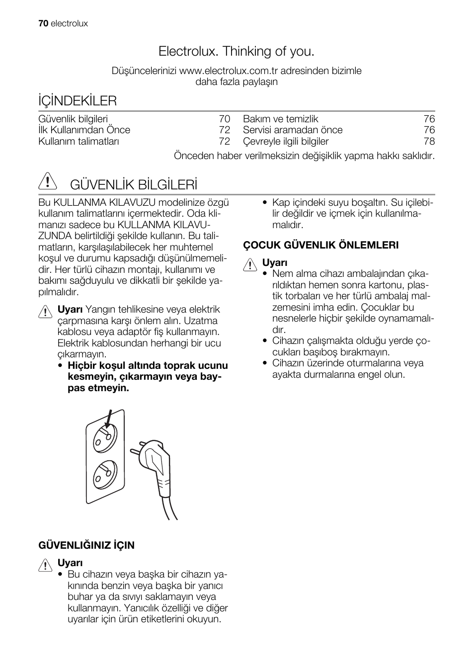 Electrolux. thinking of you, Içindekiler, Güvenlik bilgileri | Electrolux EXD15DN3W User Manual | Page 70 / 80