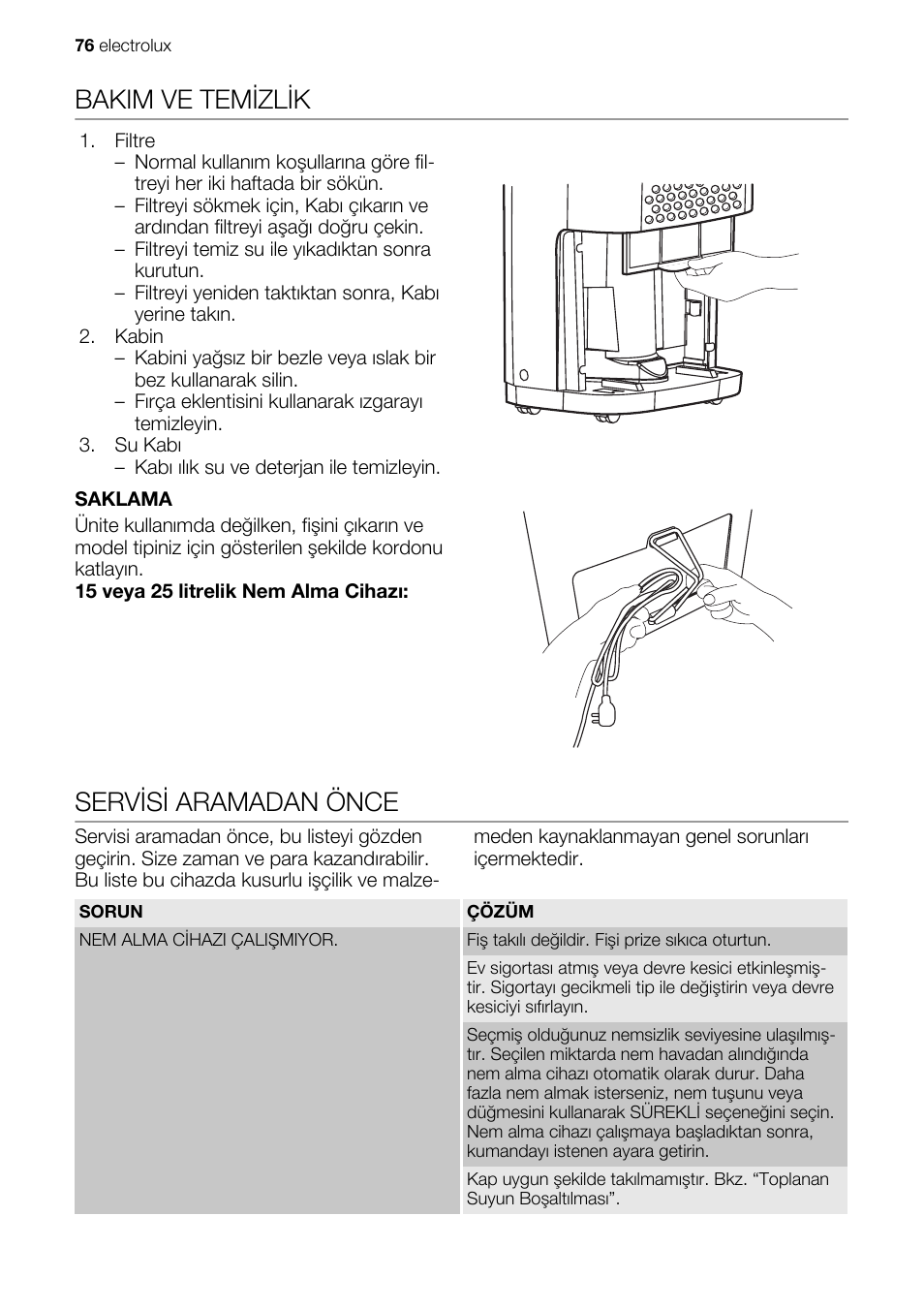 Bakim ve temizlik, Servisi aramadan önce | Electrolux EXD15DN3W User Manual | Page 76 / 80