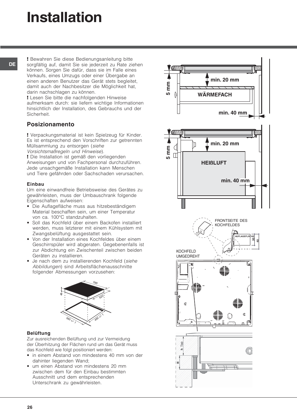 Installation, Posizionamento | Hotpoint Ariston KRM 640 X User Manual | Page 26 / 72