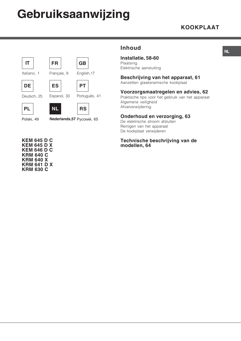 Gebruiksaanwijzing, Inhoud, Kookplaat | Hotpoint Ariston KRM 640 X User Manual | Page 57 / 72