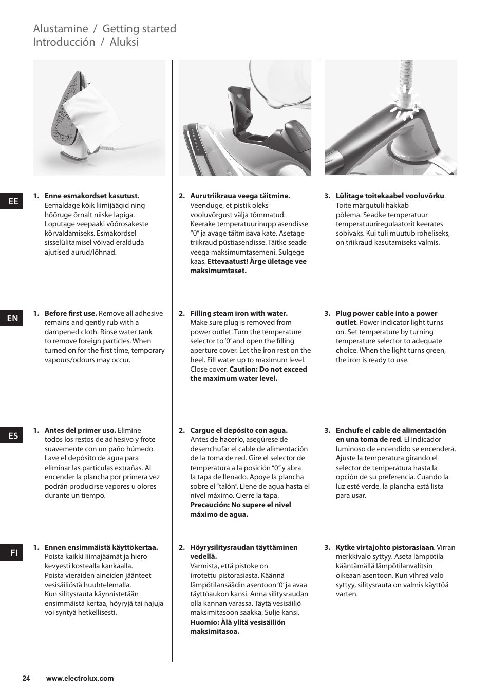 Aluksi, Introducción, Getting started | Alustamine | Electrolux EDB6120 User Manual | Page 24 / 96