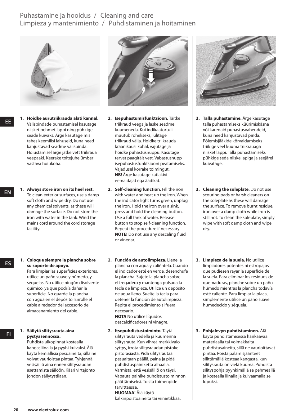 Puhdistaminen ja hoitaminen, Limpieza y mantenimiento, Cleaning and care | Puhastamine ja hooldus | Electrolux EDB6120 User Manual | Page 26 / 96